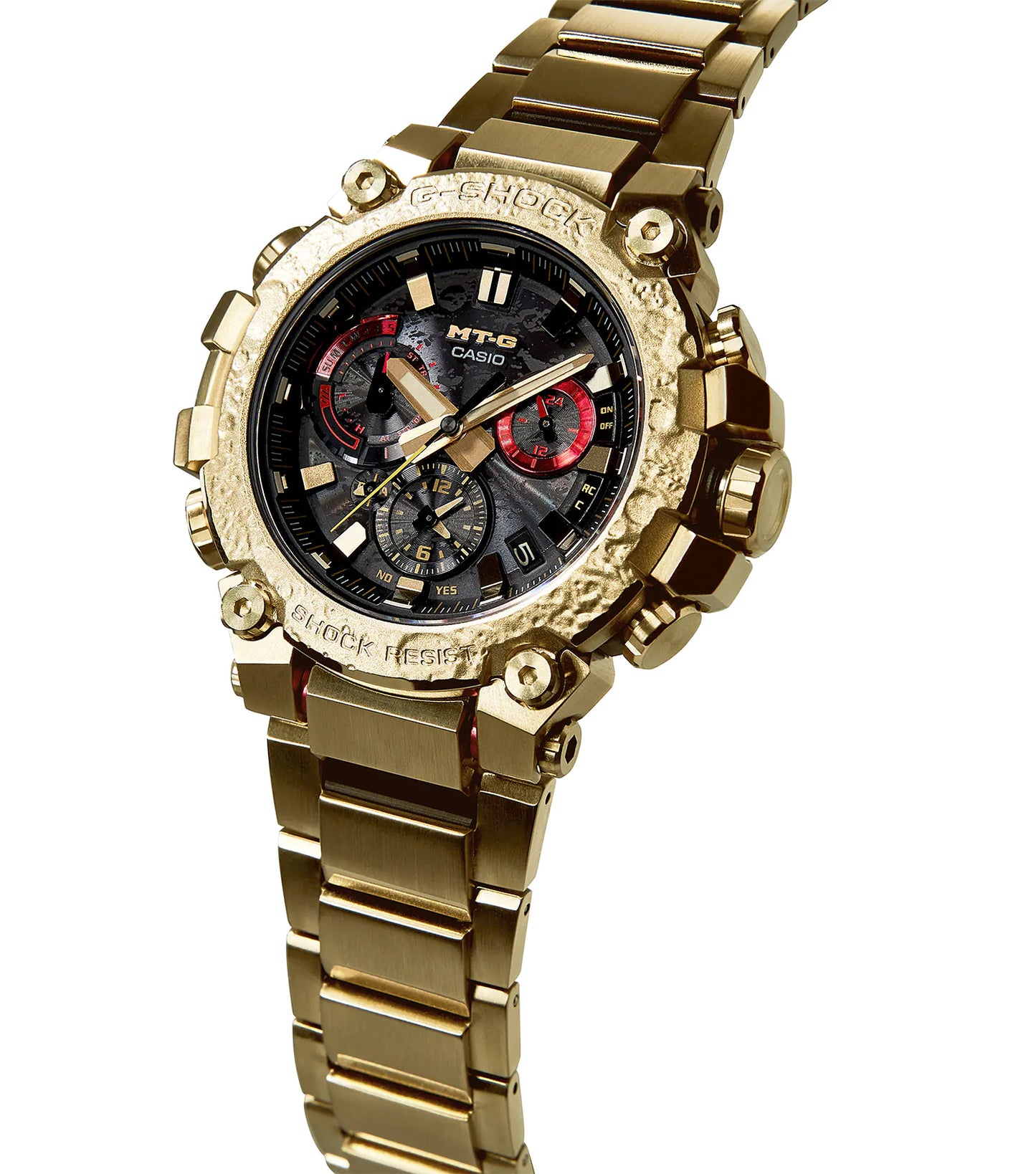 Casio gold watch with a sleek design showcases elegant curves and a robust strap, angled from above for a stunning view.