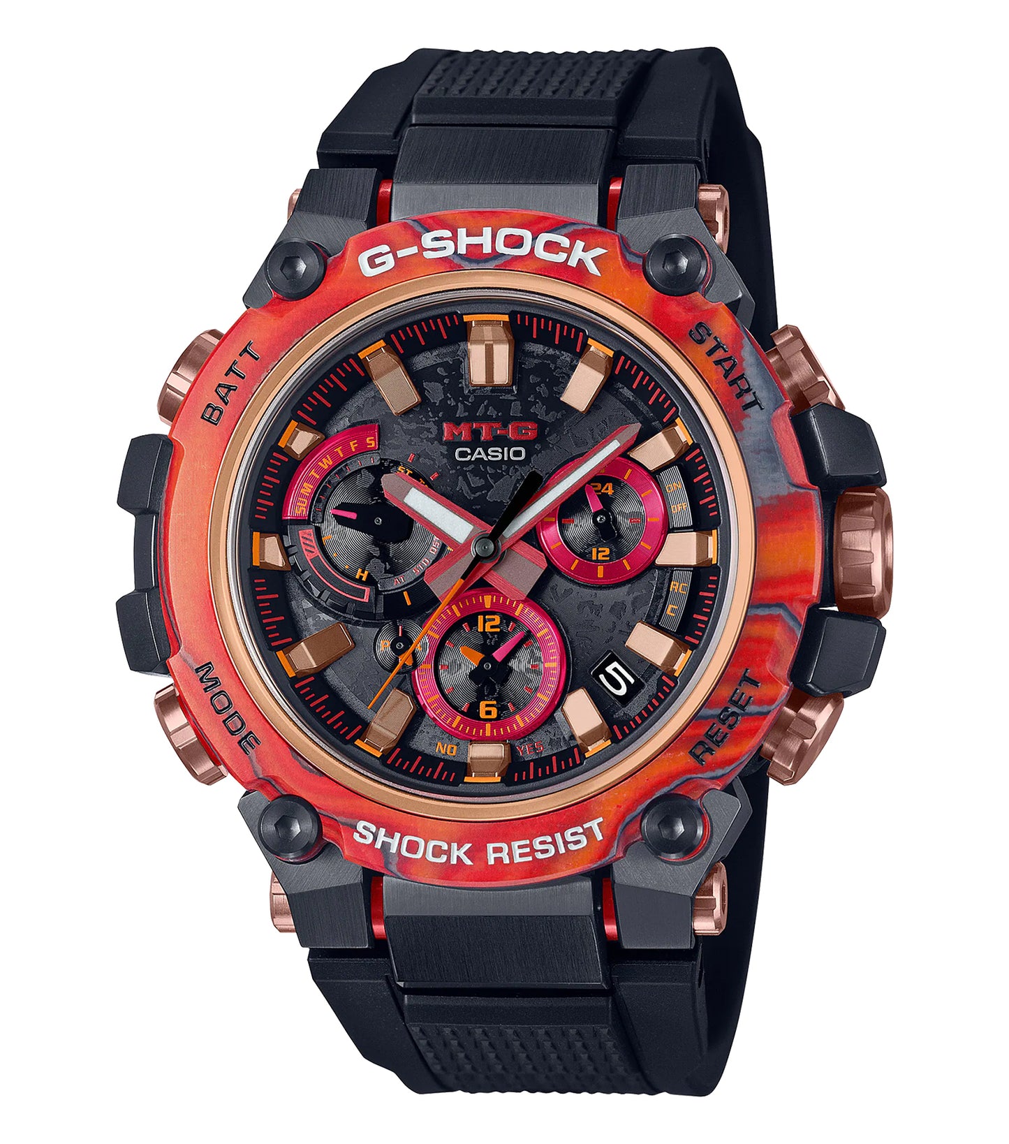 Casio Flare Red watch, dynamic side angle showcasing sleek design, silver accents, robust dials, ideal for passionate collectors.