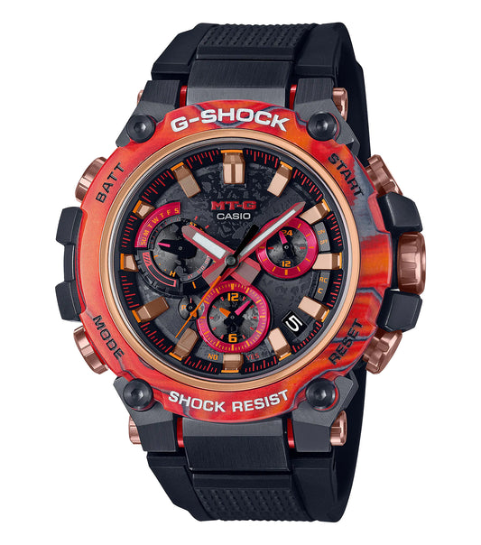 Casio Flare Red watch, dynamic side angle showcasing sleek design, silver accents, robust dials, ideal for passionate collectors.