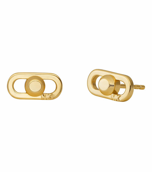 Gold-colored Michael Kors earring, front angle, showing elegant hoop design with brand engraved, shimmering effortlessly.