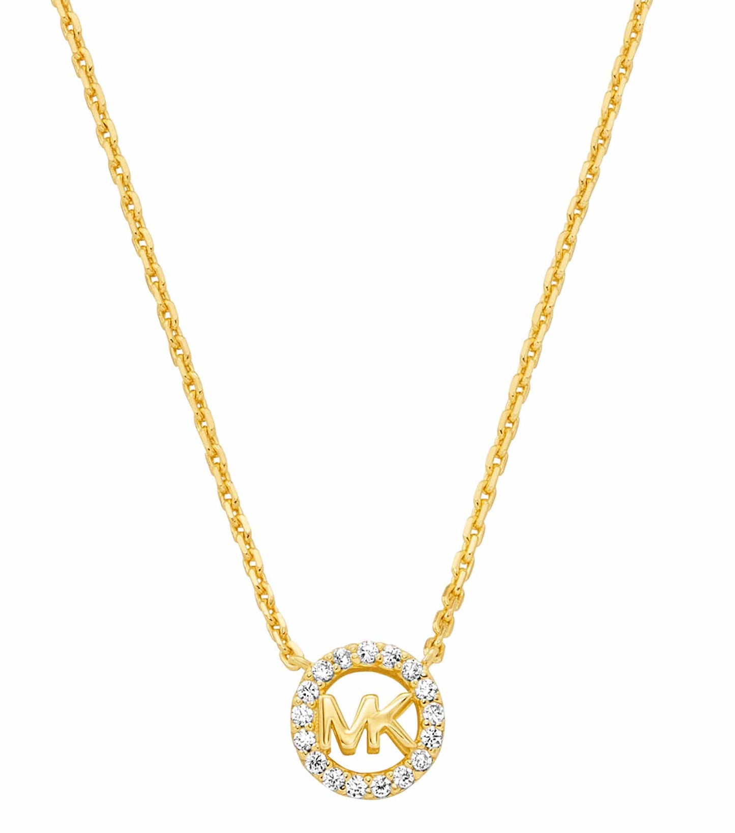 Michael Kors gold necklace in a flat lay angle, showcasing intricate design and elegant clasp, highlighting luxury fashion.
