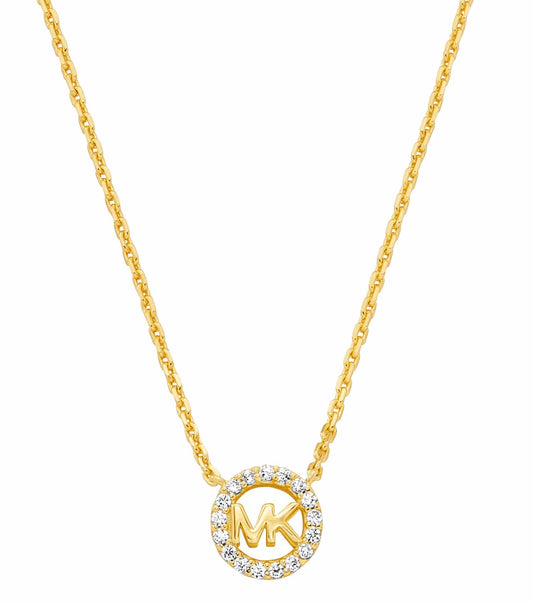 Michael Kors gold necklace in a flat lay angle, showcasing intricate design and elegant clasp, highlighting luxury fashion.