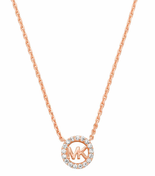 Rose gold Michael Kors necklace, front view, featuring elegant design with sparkling stones, highlighting its luxurious appeal.