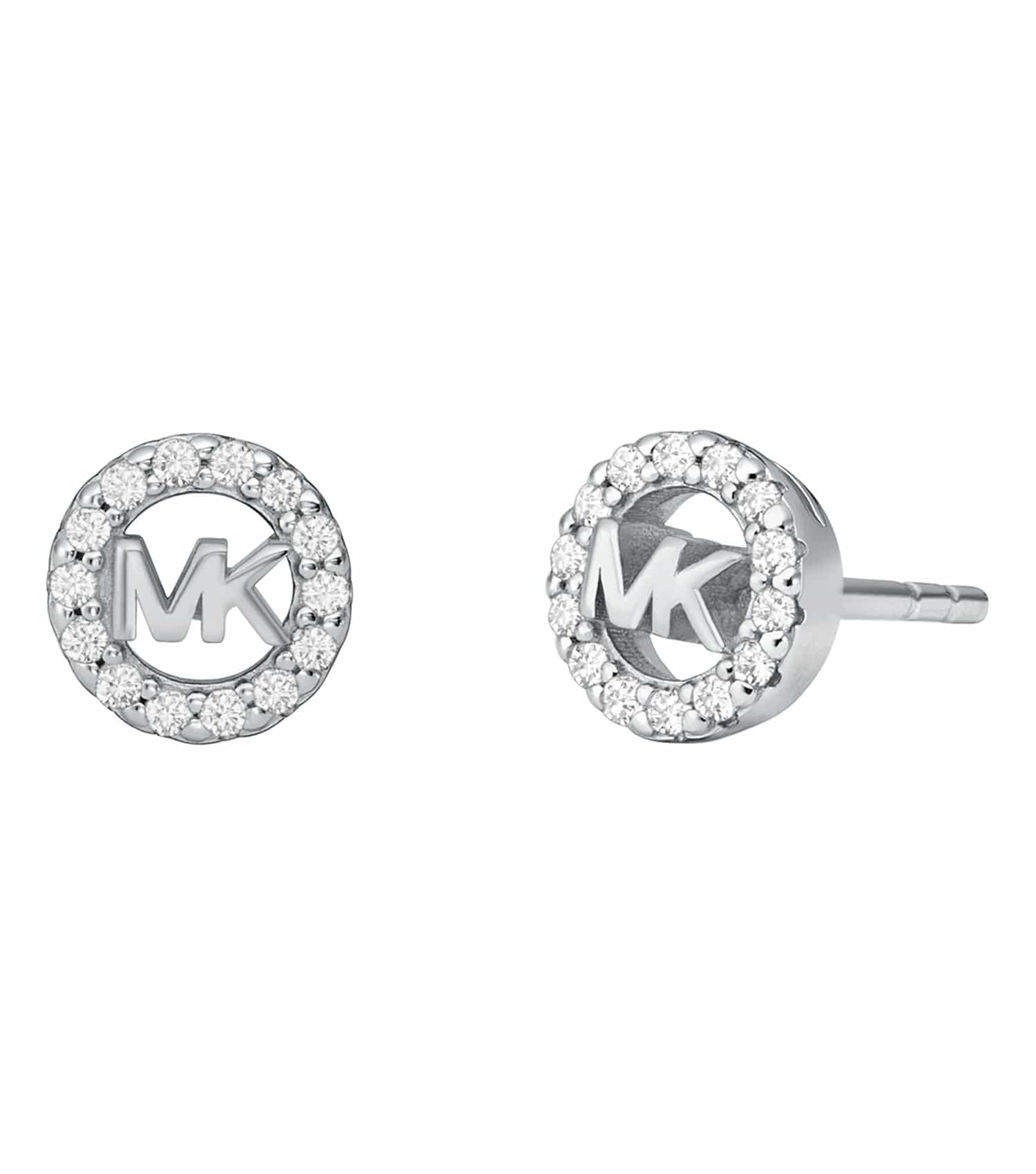 Elegant silver Michael Kors earring with dazzling stones, front angle view showcasing intricate detailing and premium craftsmanship.