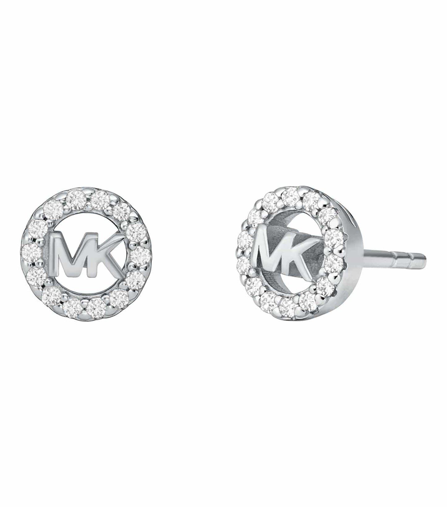 Elegant silver Michael Kors earring with dazzling stones, front angle view showcasing intricate detailing and premium craftsmanship.