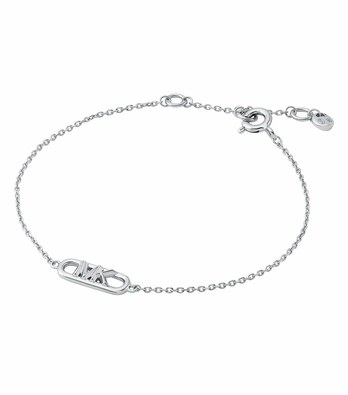 Michael Kors silver bracelet with a sparkling charm detail, shown in a side angle to capture sleek, elegant design.