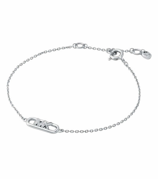 Michael Kors silver bracelet with a sparkling charm detail, shown in a side angle to capture sleek, elegant design.