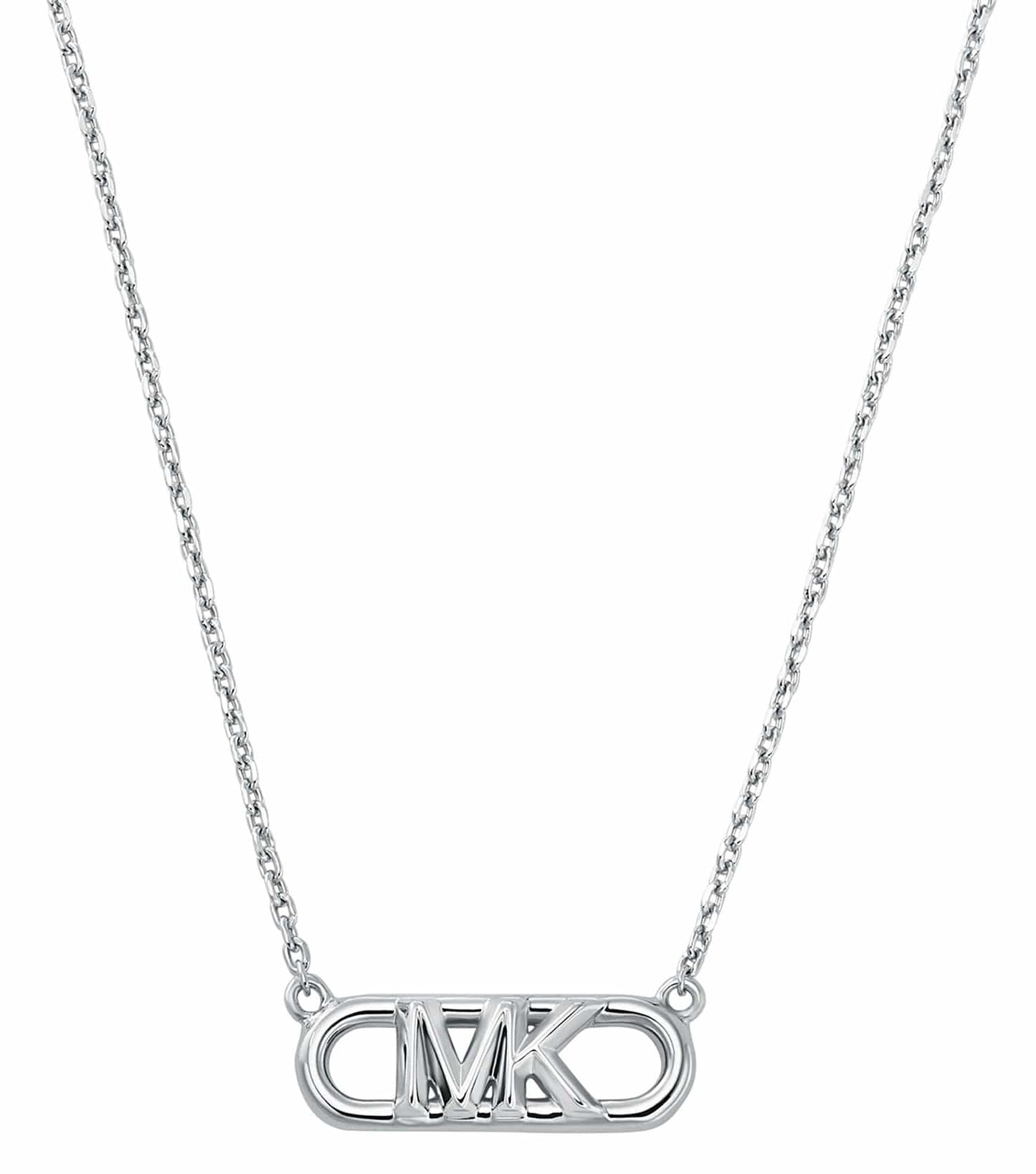 Silver Michael Kors necklace displayed elegantly from a side angle, featuring a gleaming chain and a prominent logo charm.