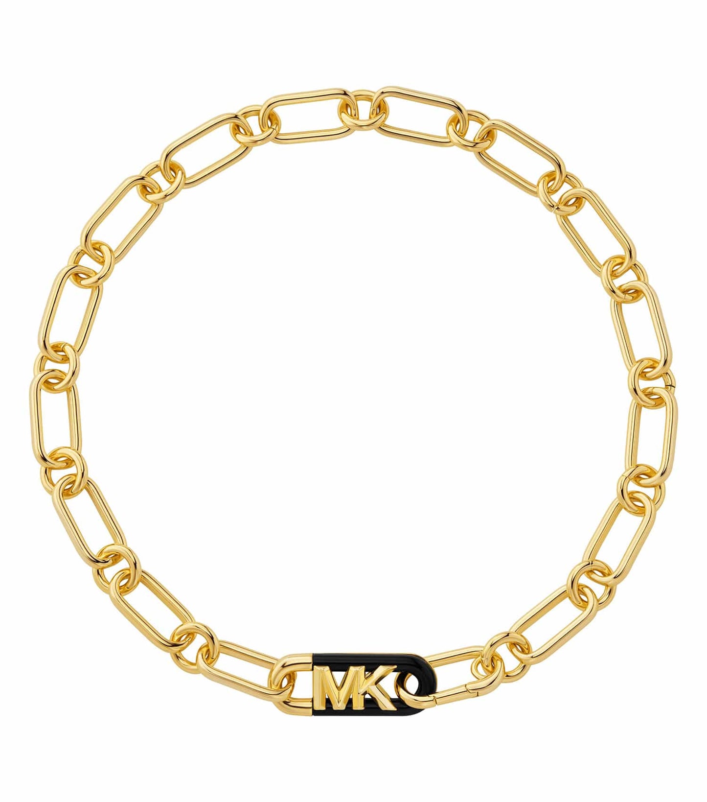 Gold Michael Kors necklace displaying a sophisticated chain design, artistically captured from a side angle, encapsulating luxury fashion.