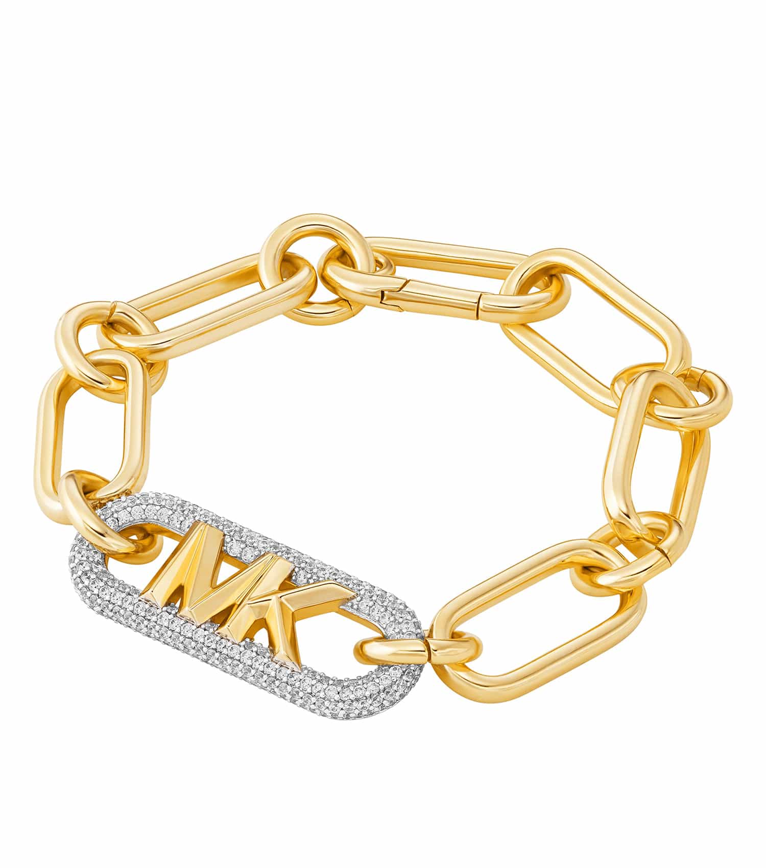 Michael Kors 2-Tone Brass Bracelet, elegant side angle view showcasing intricate design and premium craftsmanship.