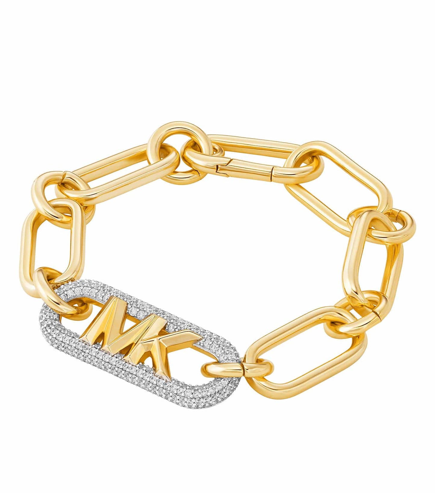 Michael Kors 2-Tone Brass Bracelet, elegant side angle view showcasing intricate design and premium craftsmanship.