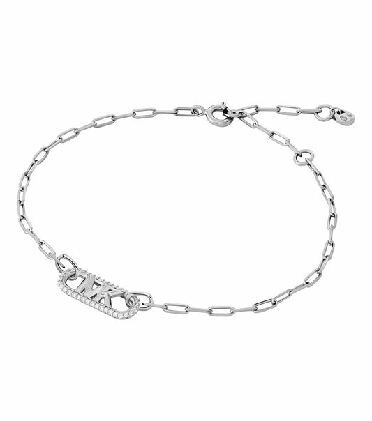 Michael Kors elegant silver bracelet with sparkling details, featuring a chic design showcased at a frontal angle, perfect for fashion enthusiasts.