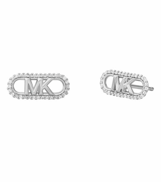 Silver Michael Kors earring glistening in close-up shot, displaying intricate design with dazzling stones, angled side view.