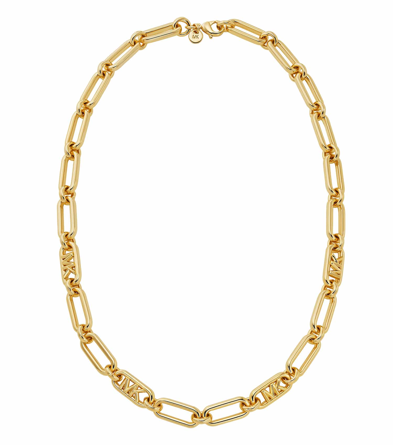Elegant Michael Kors gold necklace at a dynamic angle, showcasing intricate chain details, radiating luxury and sophisticated style.