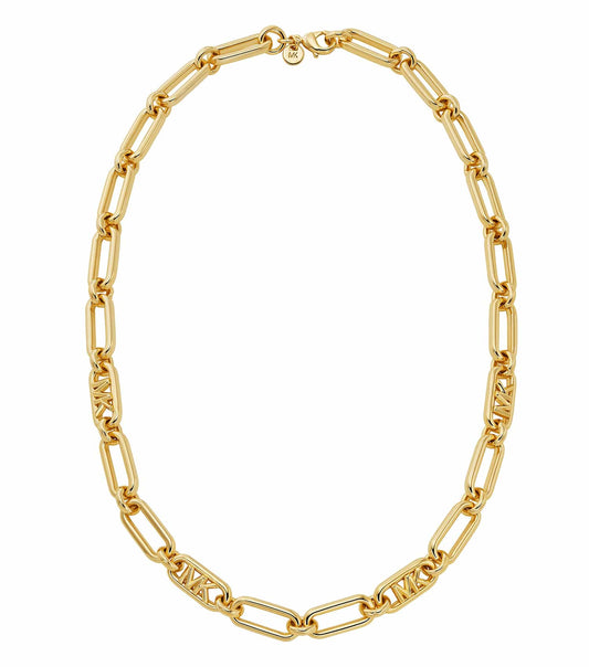 Elegant Michael Kors gold necklace at a dynamic angle, showcasing intricate chain details, radiating luxury and sophisticated style.