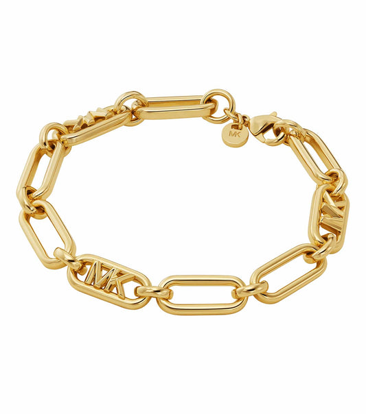 Michael Kors gold bracelet with sleek design, one size fits all, displayed at a low angle showcasing the elegant details.