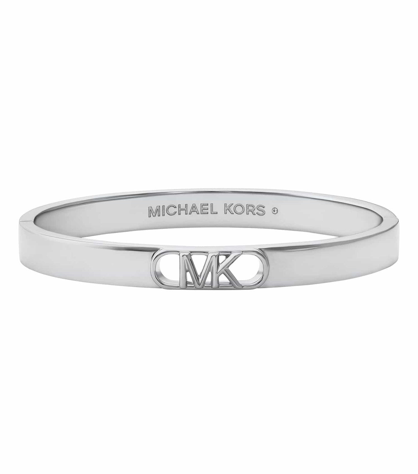 Silver Michael Kors bracelet angled to showcase its elegant design, featuring a polished finish and eye-catching details.