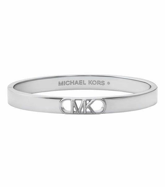 Silver Michael Kors bracelet angled to showcase its elegant design, featuring a polished finish and eye-catching details.