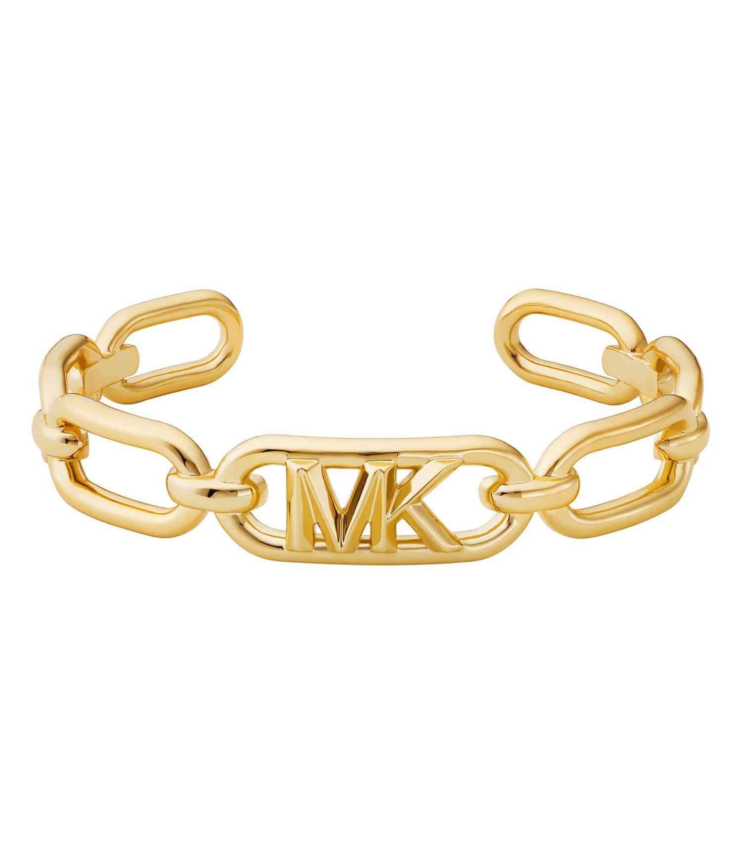 Gold Michael Kors bracelet with intricate chain details, elegantly displayed from a top angle, showcasing its luxurious design.