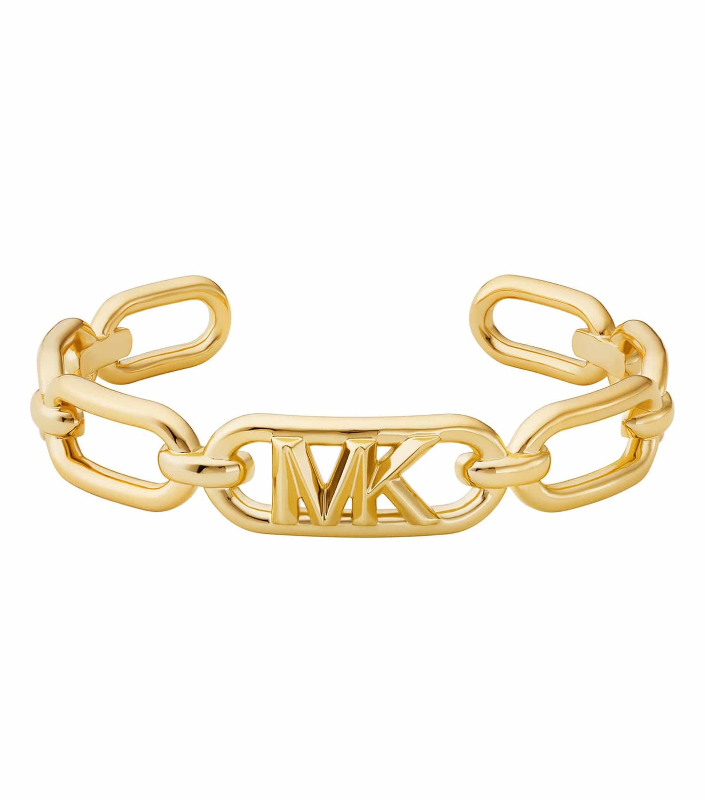 Gold Michael Kors bracelet with intricate chain details, elegantly displayed from a top angle, showcasing its luxurious design.
