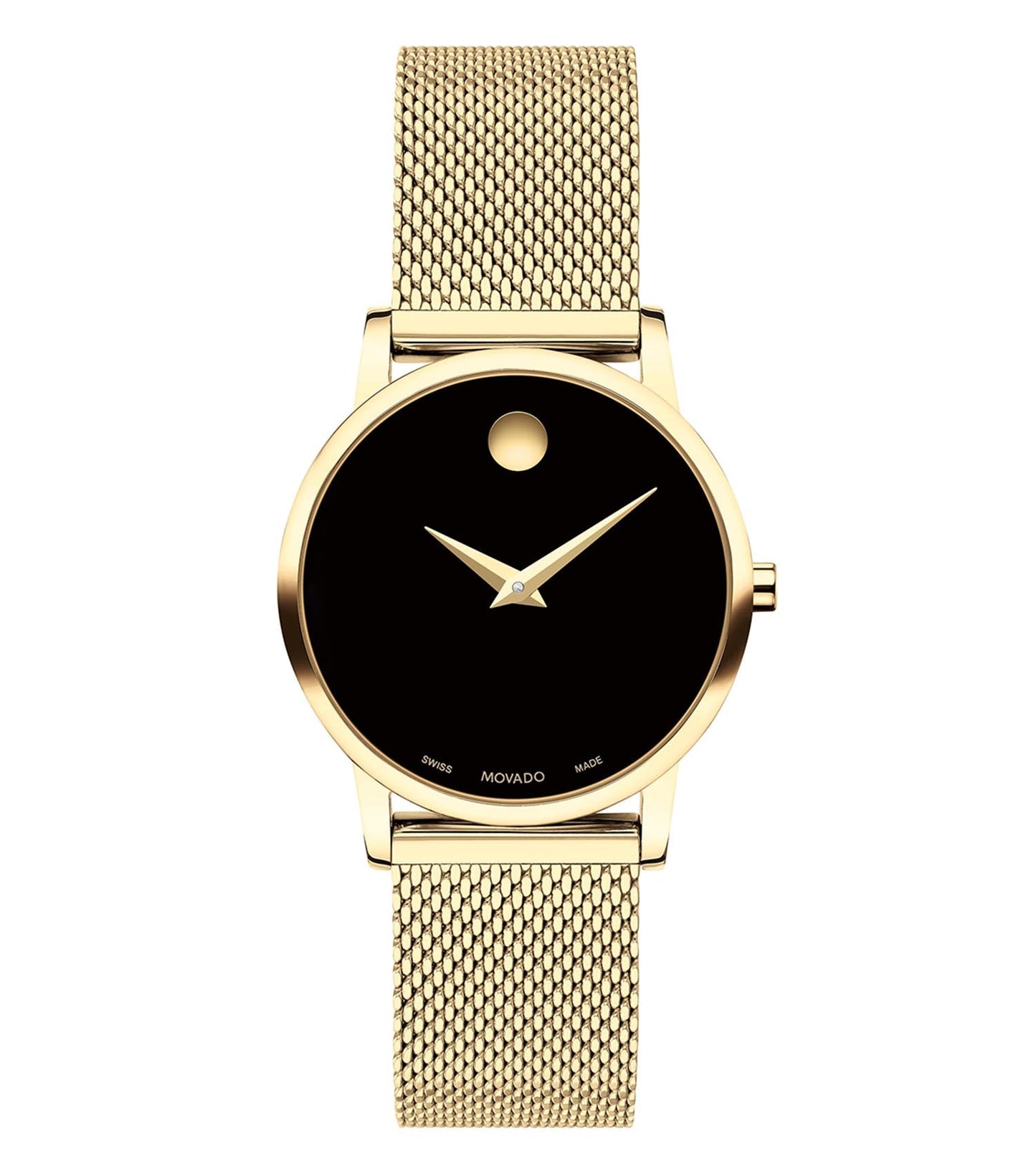 Classic Movado watch with a gold-tone stainless steel dial and simple elegance, captured at a 45-degree angle against a white background.