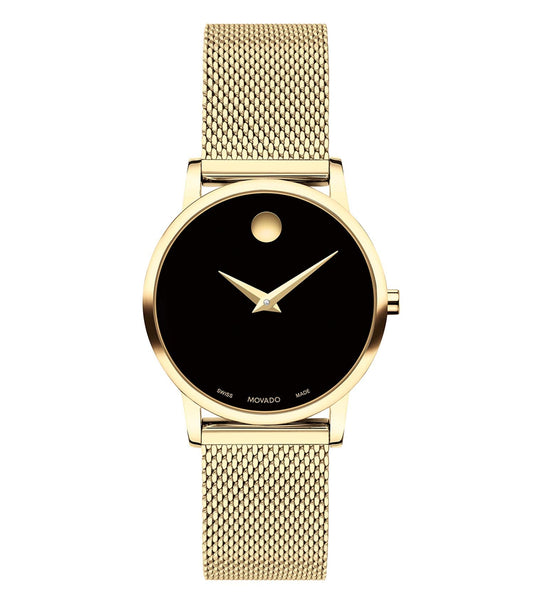 Classic Movado watch with a gold-tone stainless steel dial and simple elegance, captured at a 45-degree angle against a white background.