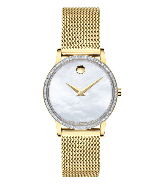 Elegant Movado watch with classic design and black leather strap, displayed at an angle; sophisticated timepiece enthusiasts cherish.