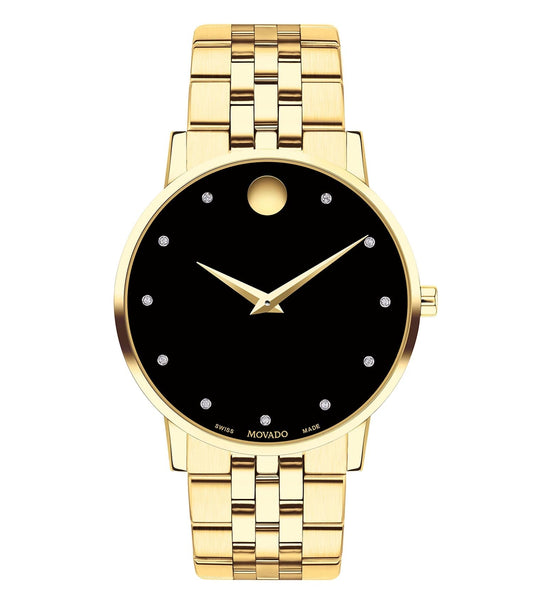 Elegant Movado watch in classic black with sleek silver accents, displayed at a side angle to showcase its timeless design.