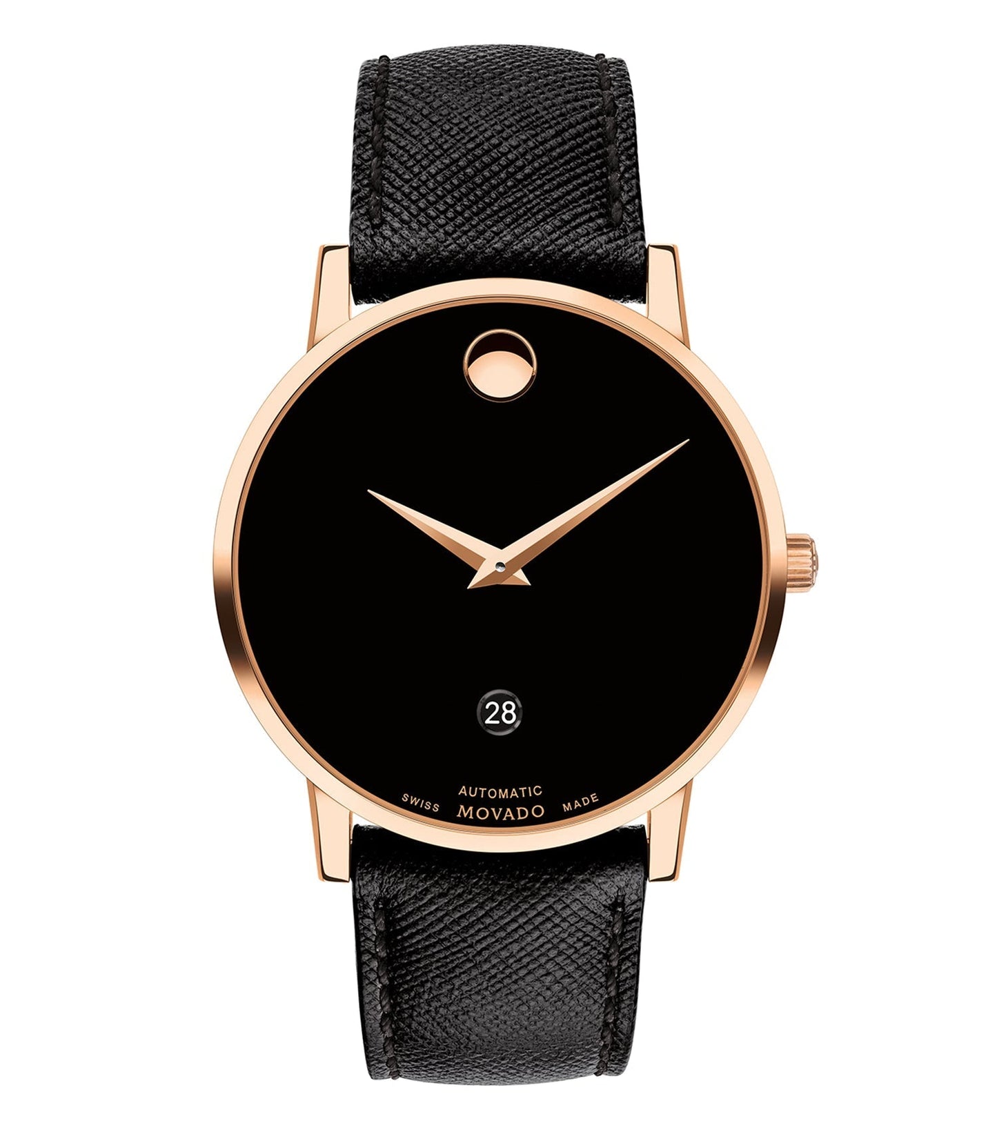 Classic Movado watch with a sleek black dial, gold accents, and stainless steel bracelet, angled slightly to show elegance.