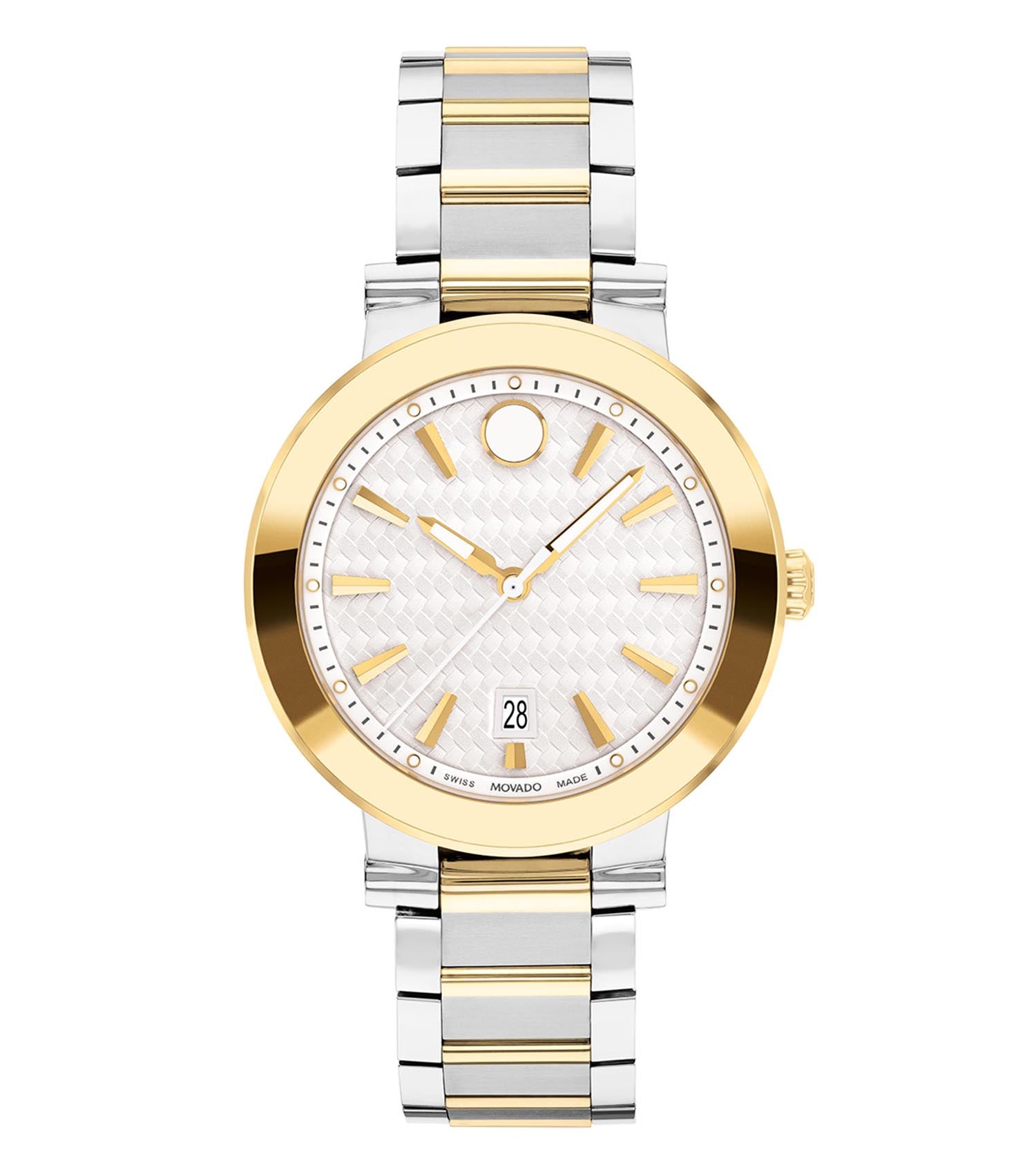 Movado quartz watch with sleek design, gold tone, side angle showcasing minimalist black dial and Movado's iconic dot marker.