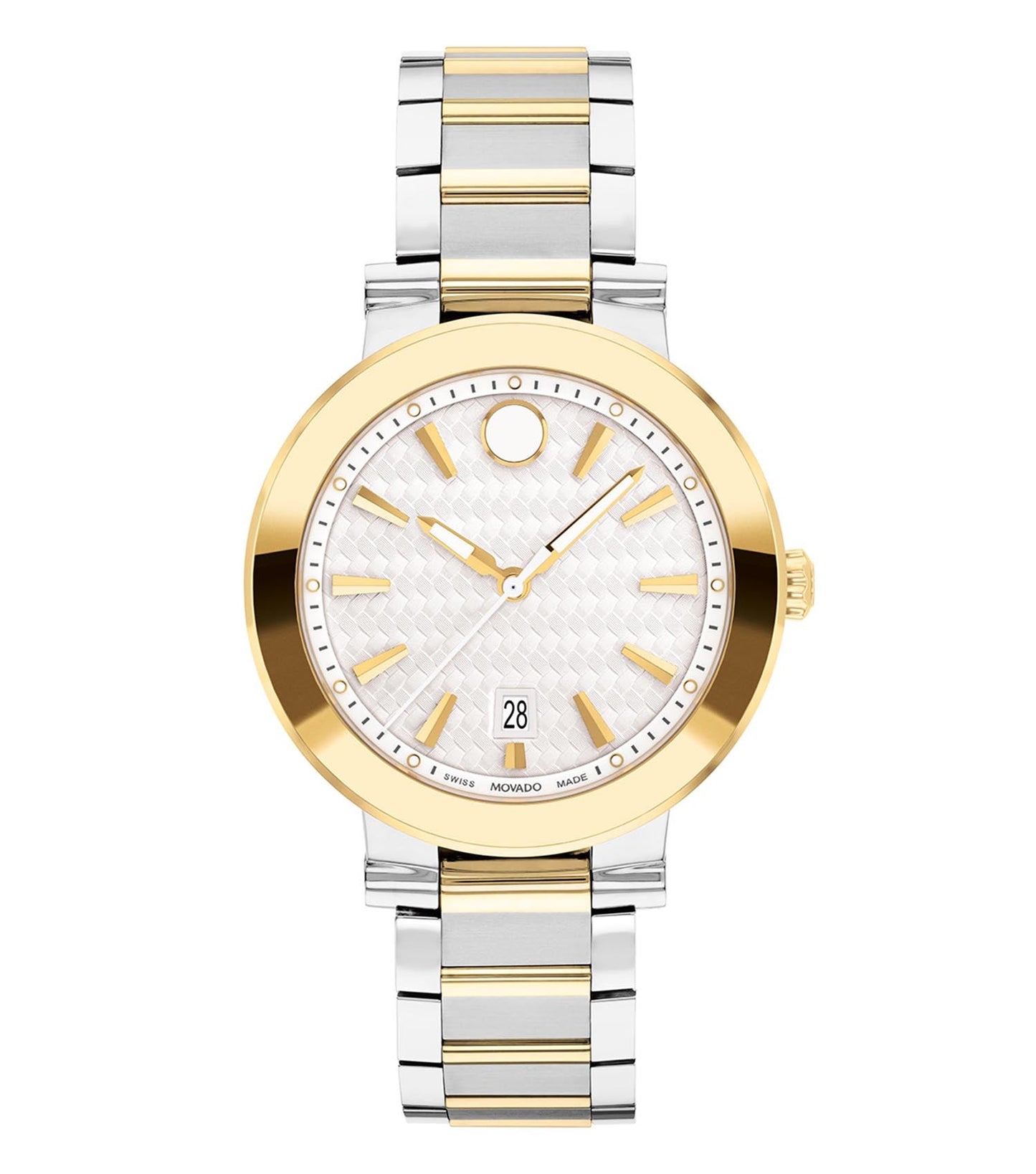 Movado quartz watch with sleek design, gold tone, side angle showcasing minimalist black dial and Movado's iconic dot marker.