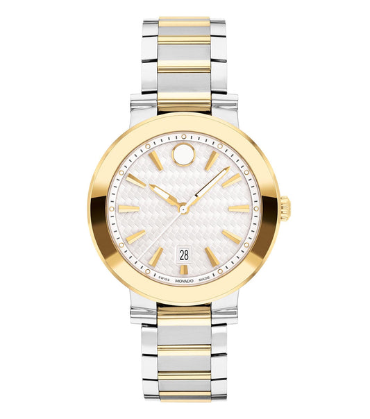 Movado quartz watch with sleek design, gold tone, side angle showcasing minimalist black dial and Movado's iconic dot marker.