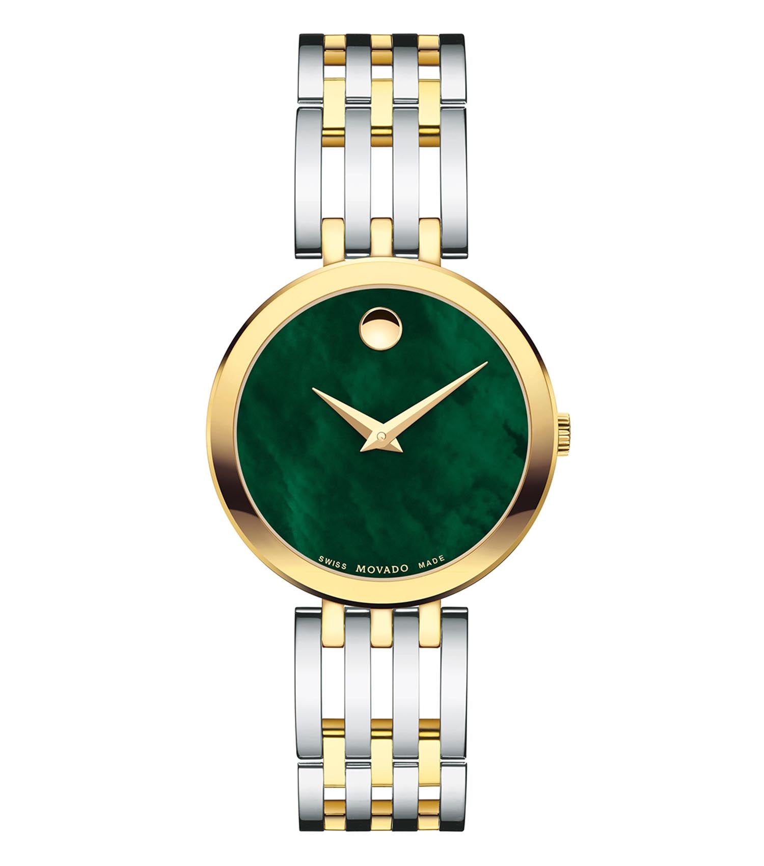Elegant Movado watch with a minimalist black dial and silver band, presented at a top angle, showcasing timeless craftsmanship.