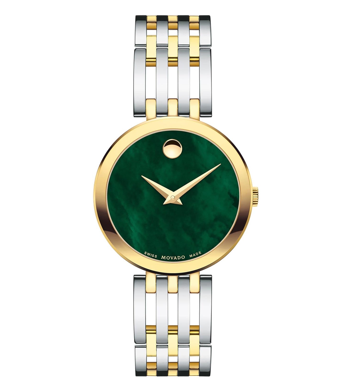 Elegant Movado watch with a minimalist black dial and silver band, presented at a top angle, showcasing timeless craftsmanship.