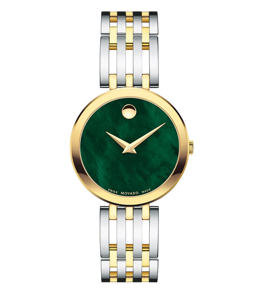 Elegant Movado watch with a minimalist black dial and silver band, presented at a top angle, showcasing timeless craftsmanship.