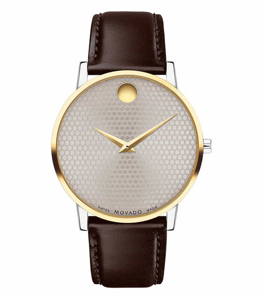 Movado Classic Quartz watch with sleek black dial, elegant silver band; side angle showcasing minimalist luxury design.