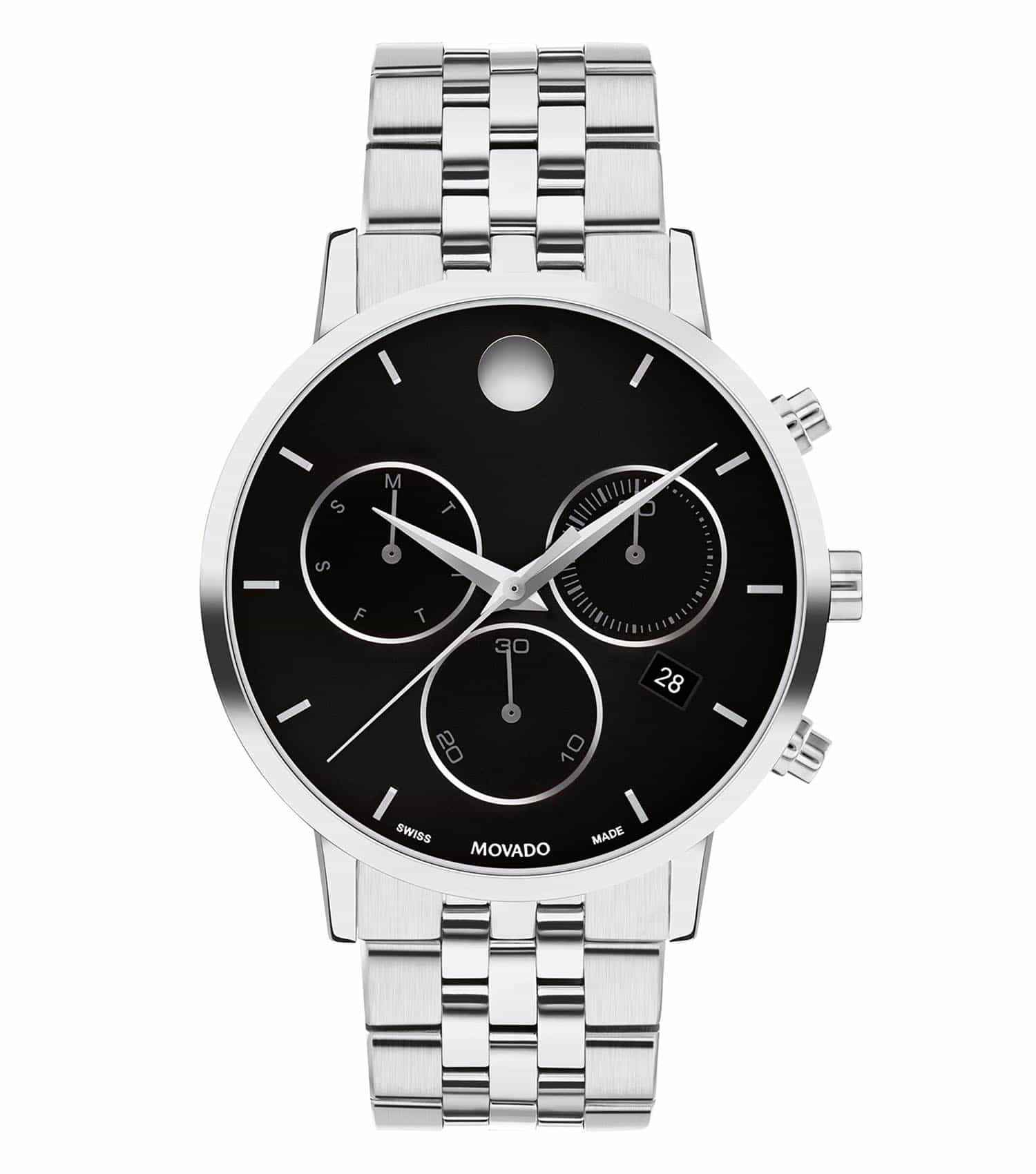 Sophisticated Movado watch in a sleek, black design, photographed at a 42-degree angle, showcasing timeless elegance and luxury.