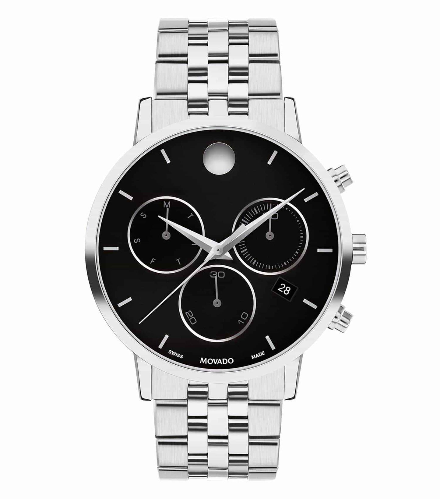 Sophisticated Movado watch in a sleek, black design, photographed at a 42-degree angle, showcasing timeless elegance and luxury.