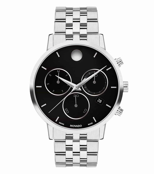 Sophisticated Movado watch in a sleek, black design, photographed at a 42-degree angle, showcasing timeless elegance and luxury.