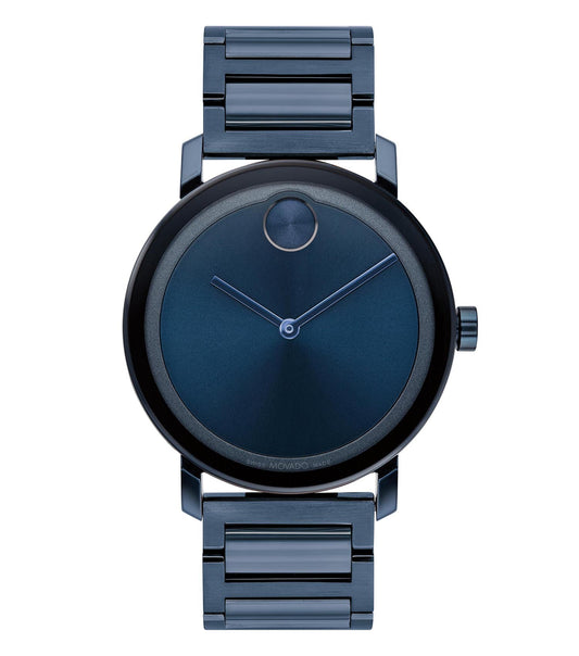  Movado men's bold evolution quartz watch in sleek black, displayed at a dynamic top-side angle, showcasing modern elegance.