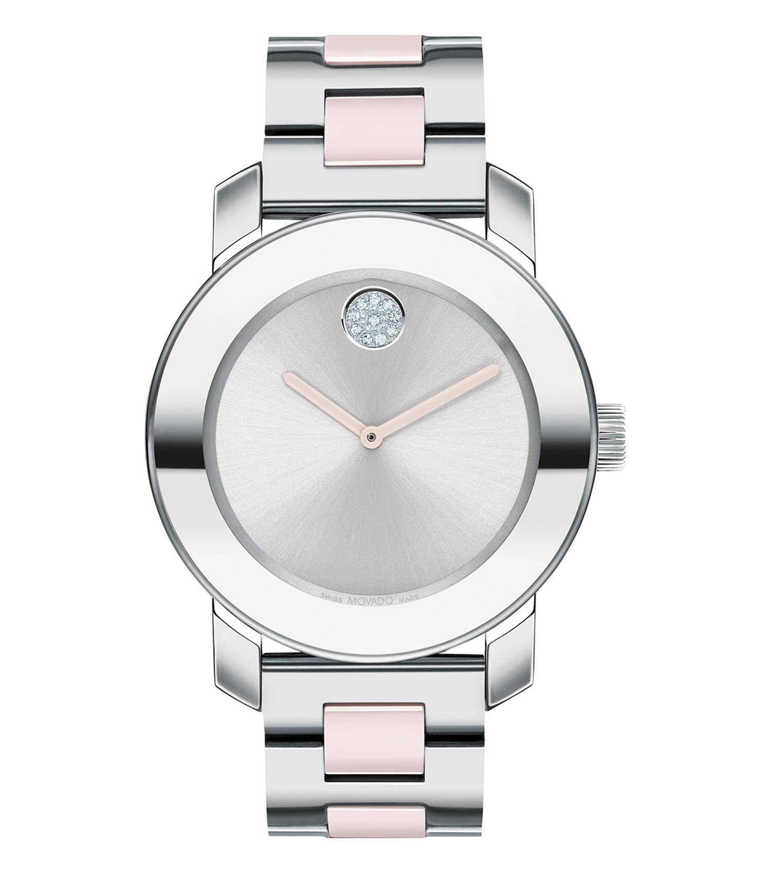 Movado ceramic watch in a glossy black tone, angled to reveal the sleek dial and elegant strap design, showcasing luxury timepiece craftsmanship.