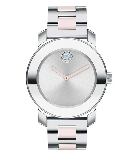 Movado ceramic watch in a glossy black tone, angled to reveal the sleek dial and elegant strap design, showcasing luxury timepiece craftsmanship.