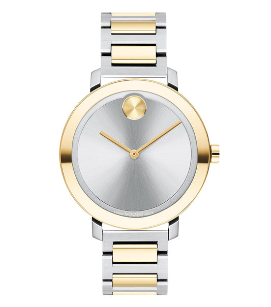 Movado watch with a sleek black design, showcased at a slightly tilted angle, revealing its elegant dial and minimalist style.
