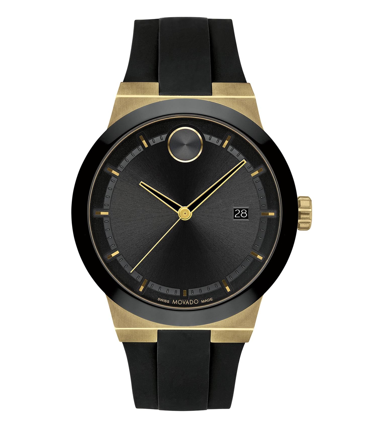 Sleek Movado watch in black, side angle view, highlighting minimalist design and iconic dot at 12 o'clock on round face