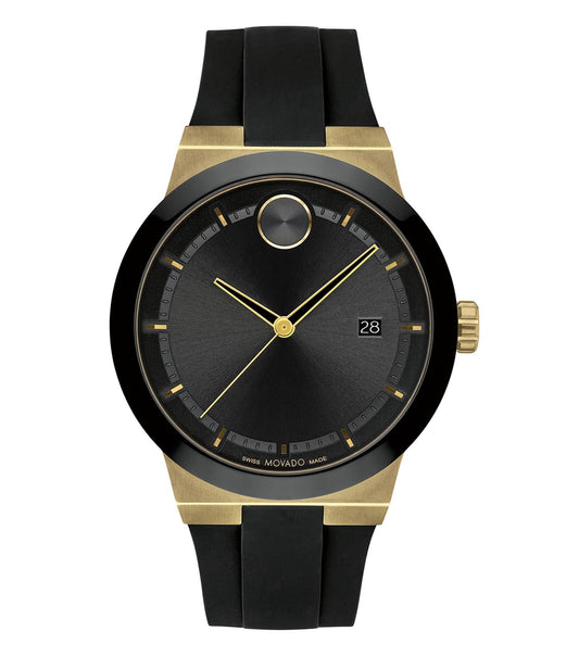 Sleek Movado watch in black, side angle view, highlighting minimalist design and iconic dot at 12 o'clock on round face