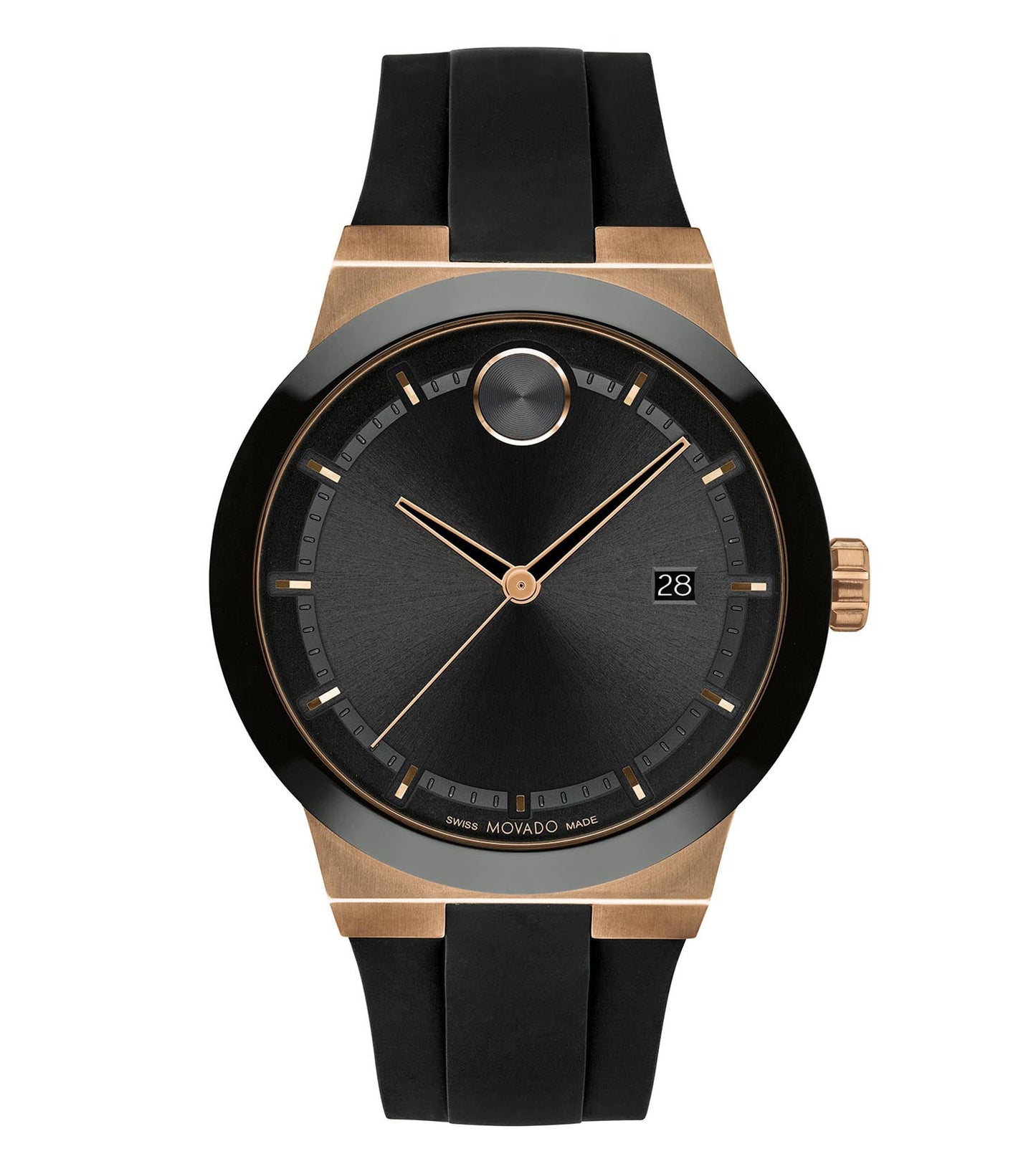 Side angle view of elegant 42mm Movado watch featuring a minimalistic black dial, sleek stainless steel case, and textured black leather strap.