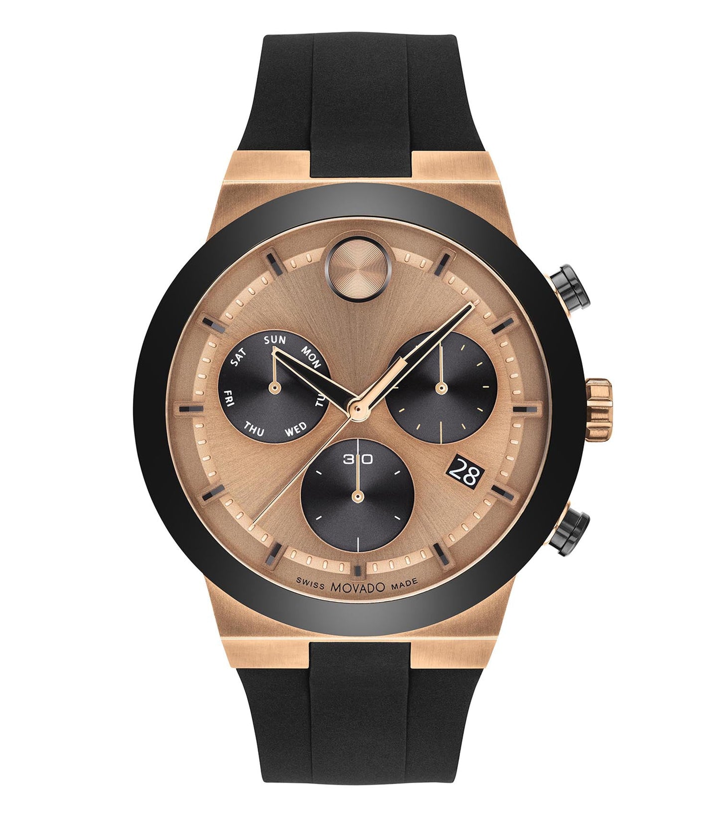 Elegant Movado watch in black, showcased at a front-angle, featuring a minimalist dial and stainless steel bracelet.