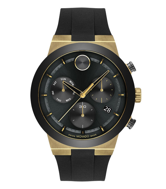 Movado Bold Fusion Quartz Watch in vertical angle, showcasing sleek design in captivating blue, whispers timeless elegance.