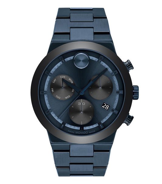 Movado watch in classic silver; minimalist design with black dial, elegant stainless steel band at a slight angle for a sleek, refined look.