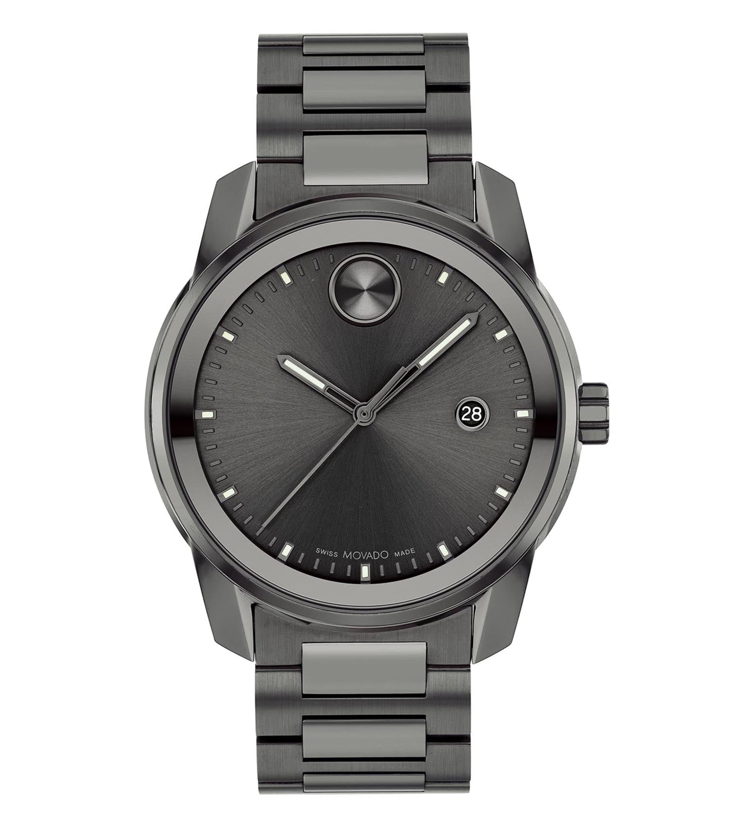 Sleek black Movado watch with minimalist dial and silver hour markers at a top-down angle, showcasing refined craftsmanship.